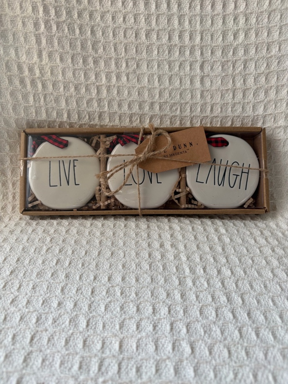 Rae Dunn By Magenta Live, Love ,Laugh Ceramic Ornament Set NWT